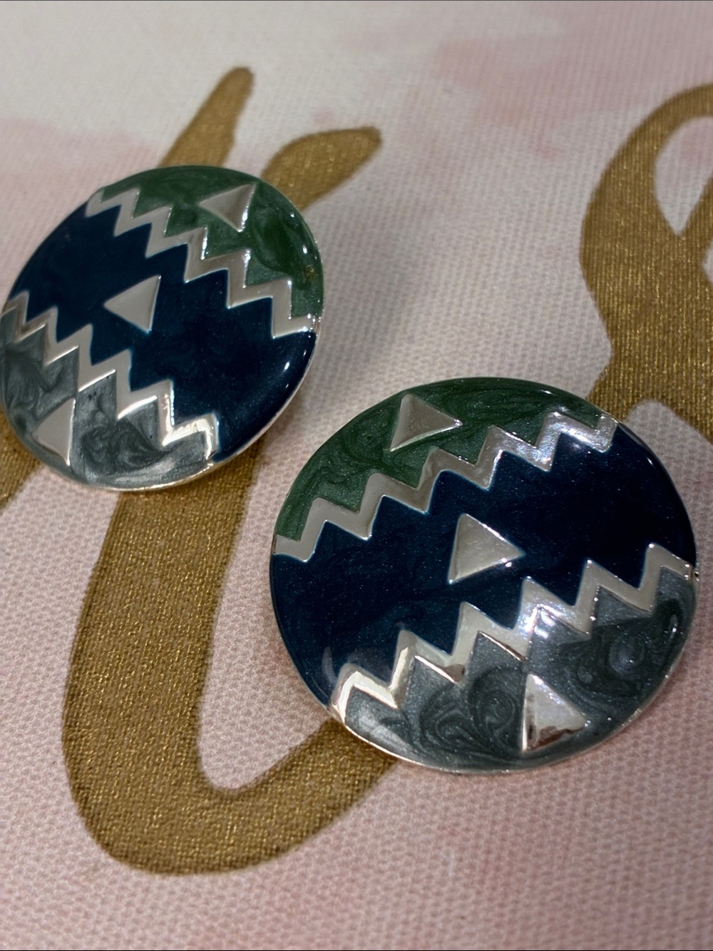 Round Geometric Enamel Statement Earrings in Blue & Green
